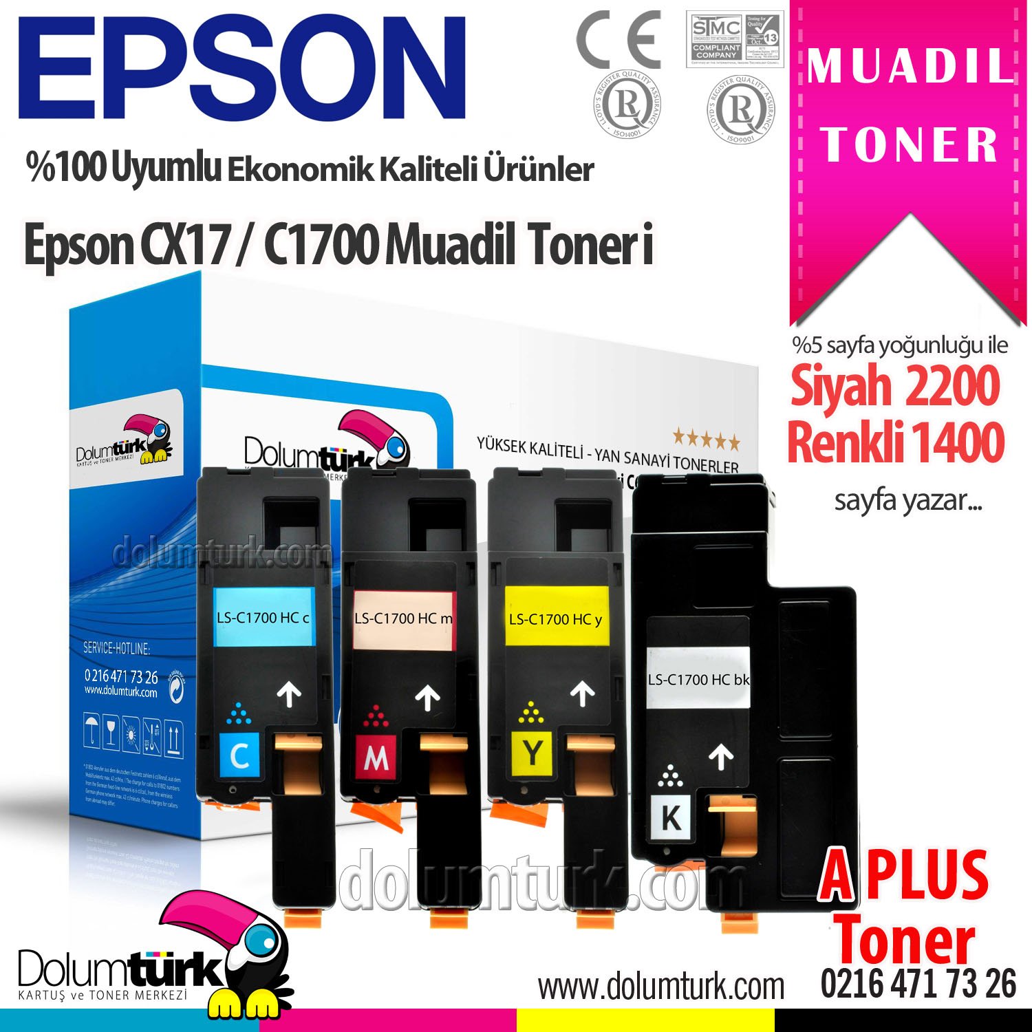 Epson Aculaser C1700 / Aculaser C1750 / Aculaser C1750N / Aculaser C1750W / Aculaser CX17 / Aculaser CX17NF / Aculaser CX17WF Muadil Toner